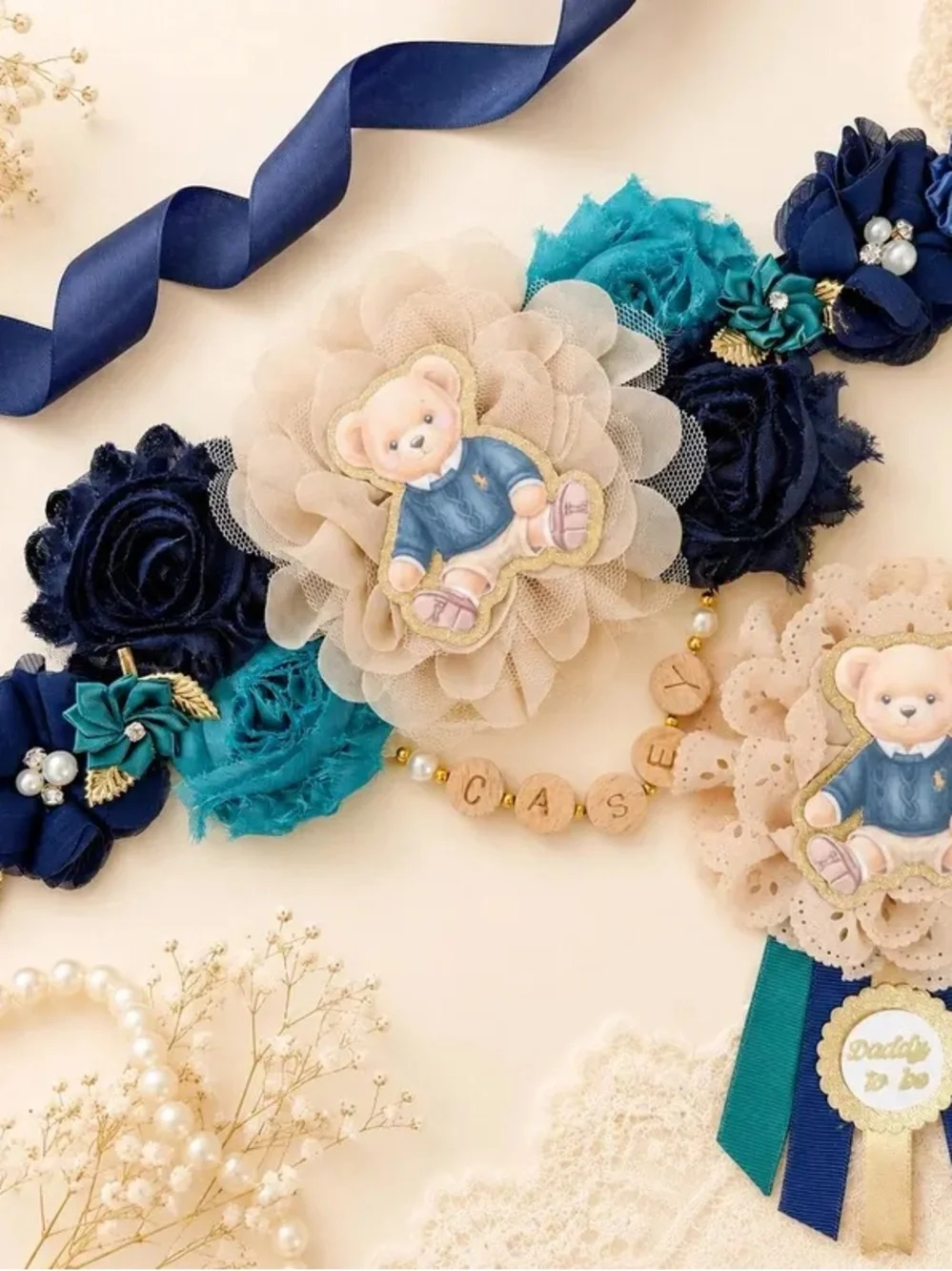 Navy and Green baby shower Sash set for Mommy and Daddy to be